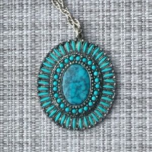 1970s Silver faux turquoise radial pendant
